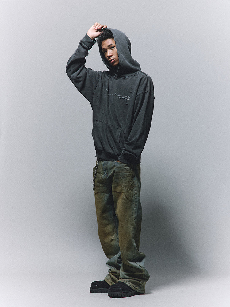 ANTIDOTE Washed Destroyed Slogan Hoodie