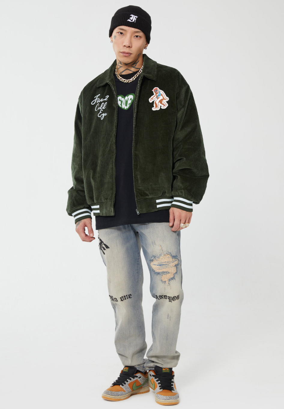 F2CE Destruction Embroidered LOGO Straight Denim Jeans Pants