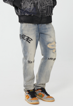 F2CE Destruction Embroidered LOGO Straight Denim Jeans Pants