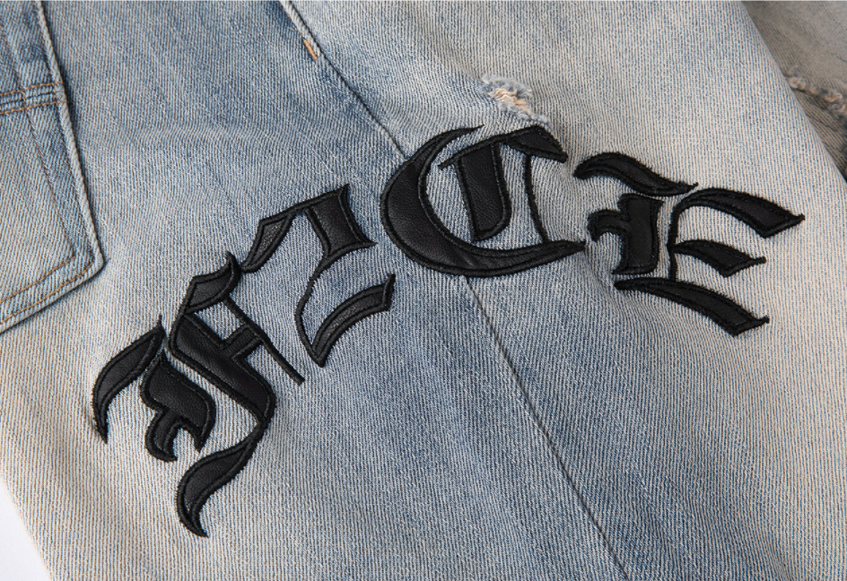 F2CE Destruction Embroidered LOGO Straight Denim Jeans Pants