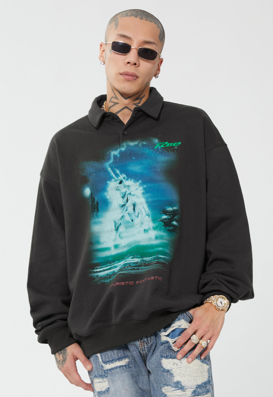 F2CE Retro Vintage Print Polo Sweatshirts