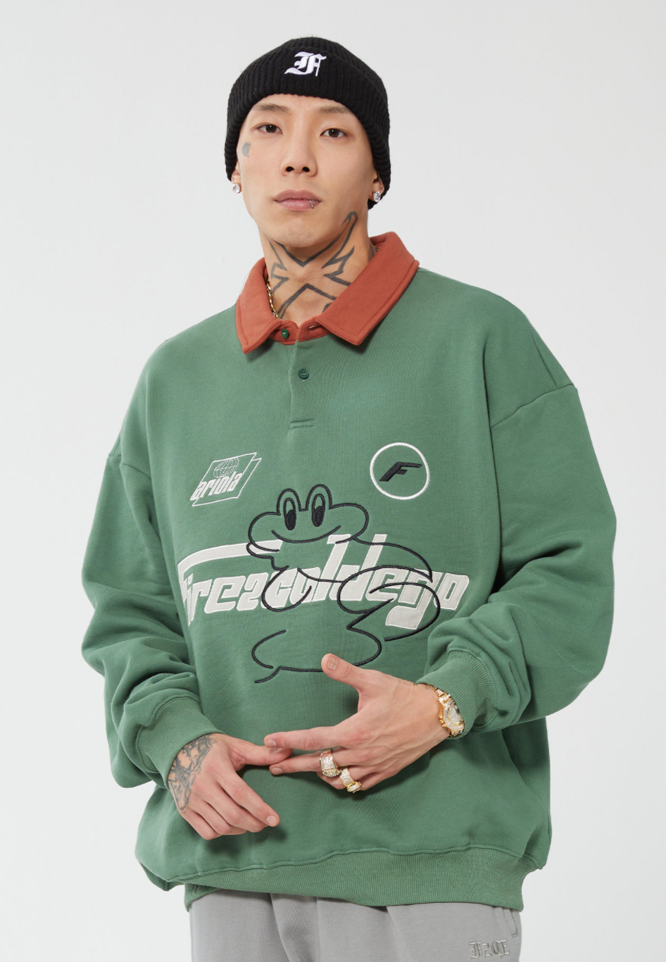 F2CE Fire 2 Cold Ego LOGO Vintage Print Polo Sweatshirts