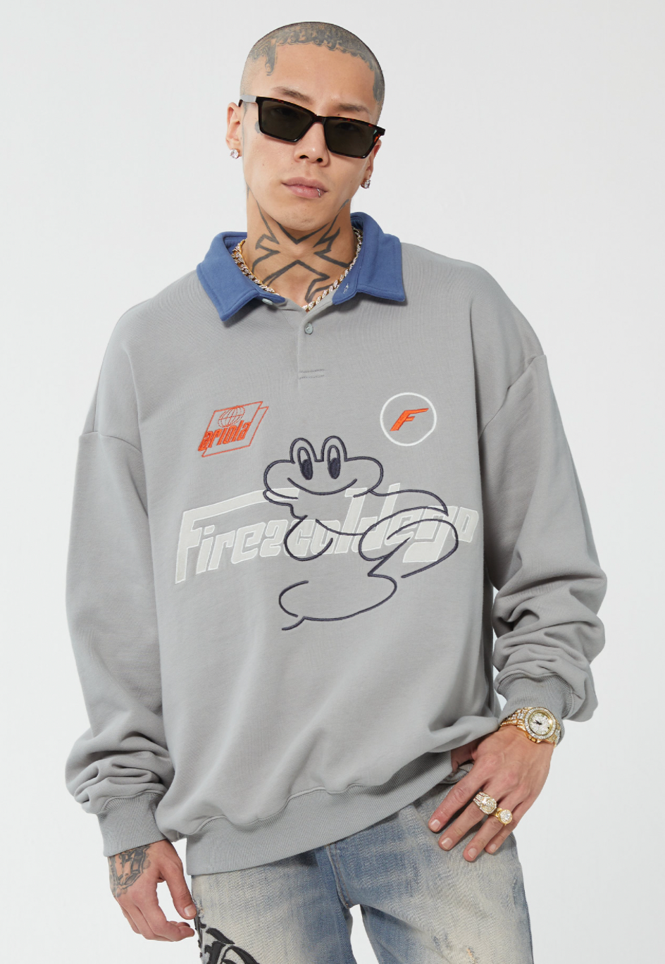 F2CE Fire 2 Cold Ego LOGO Vintage Print Polo Sweatshirts