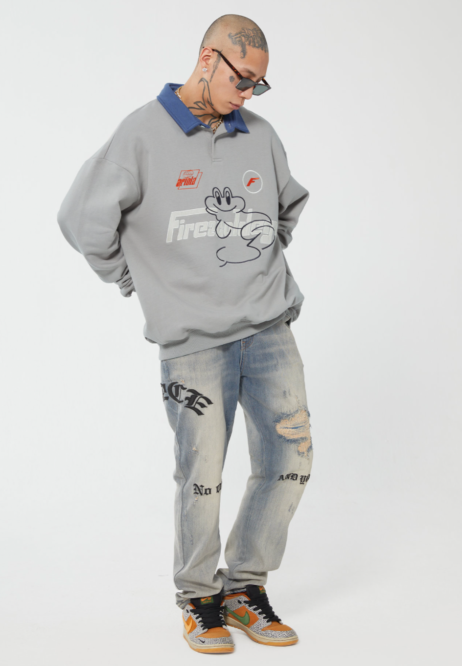 F2CE Fire 2 Cold Ego LOGO Vintage Print Polo Sweatshirts