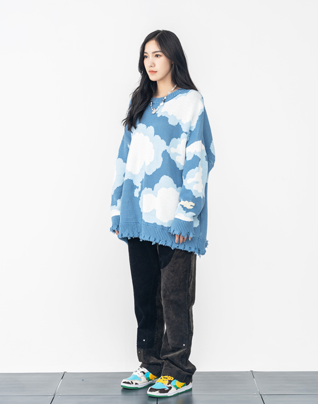 Harsh and Cruel Blue Sky Cloud Ripped Knit Sweater