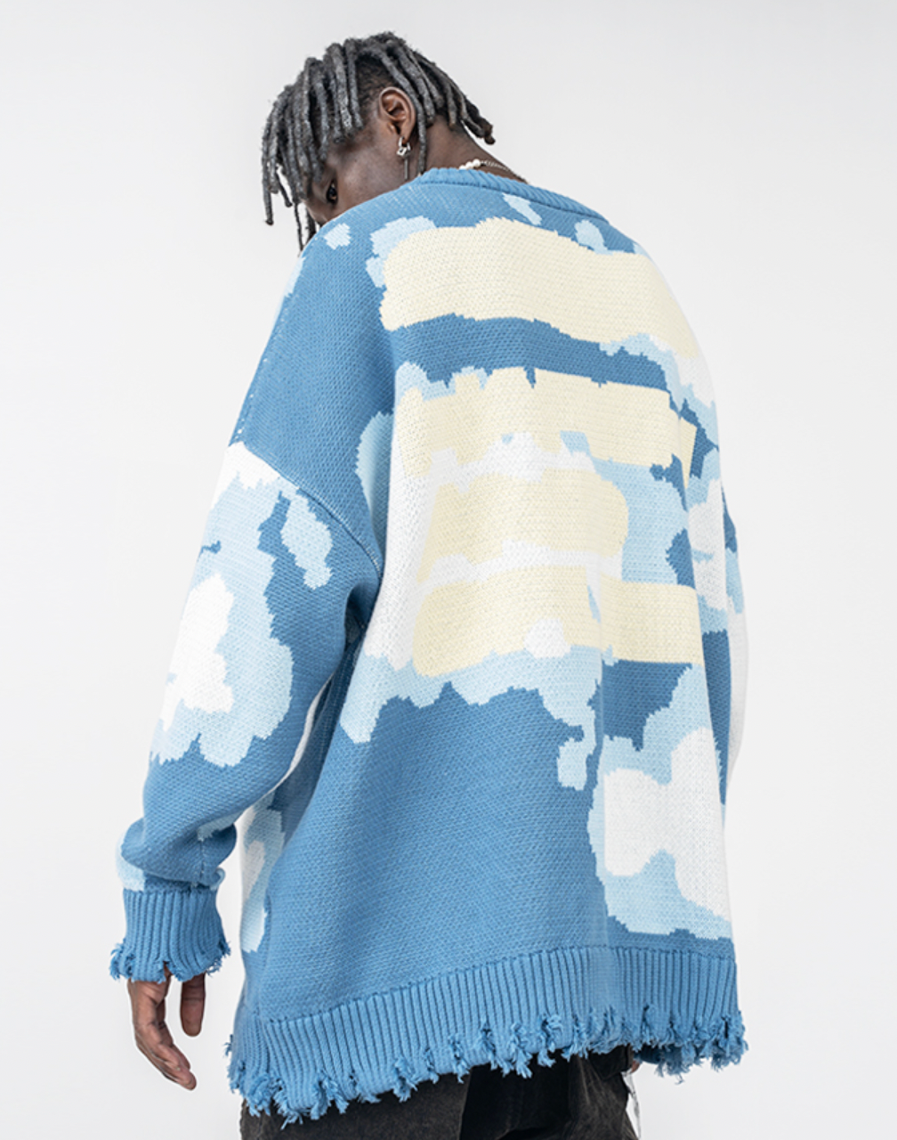 Harsh and Cruel Blue Sky Cloud Ripped Knit Sweater