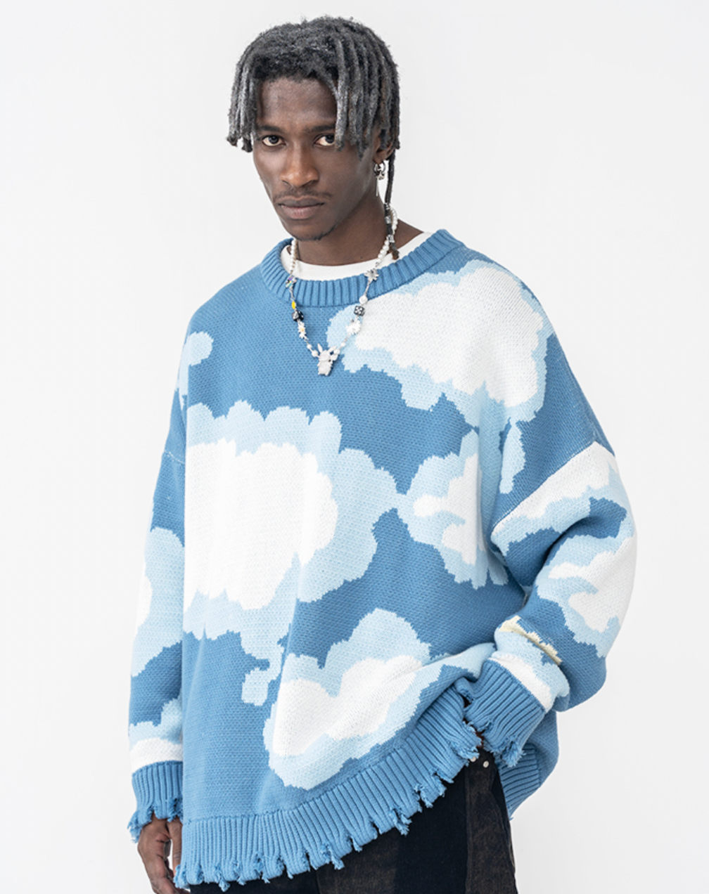 Harsh and Cruel Blue Sky Cloud Ripped Knit Sweater