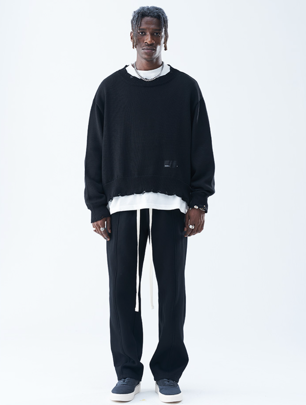 Harsh and Cruel Patch Label Distressed Knit Sweater