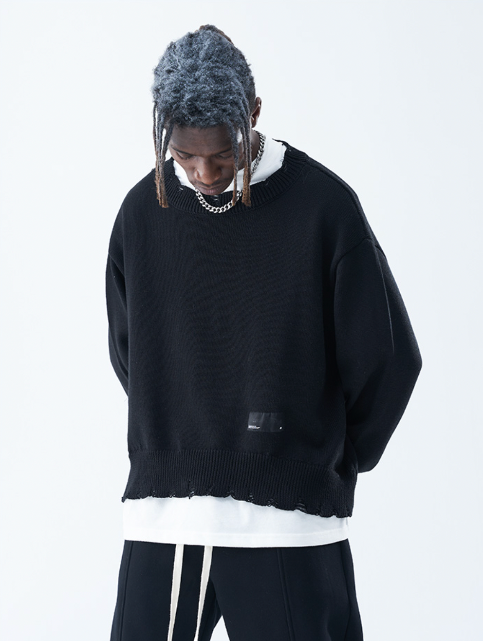 Harsh and Cruel Patch Label Distressed Knit Sweater