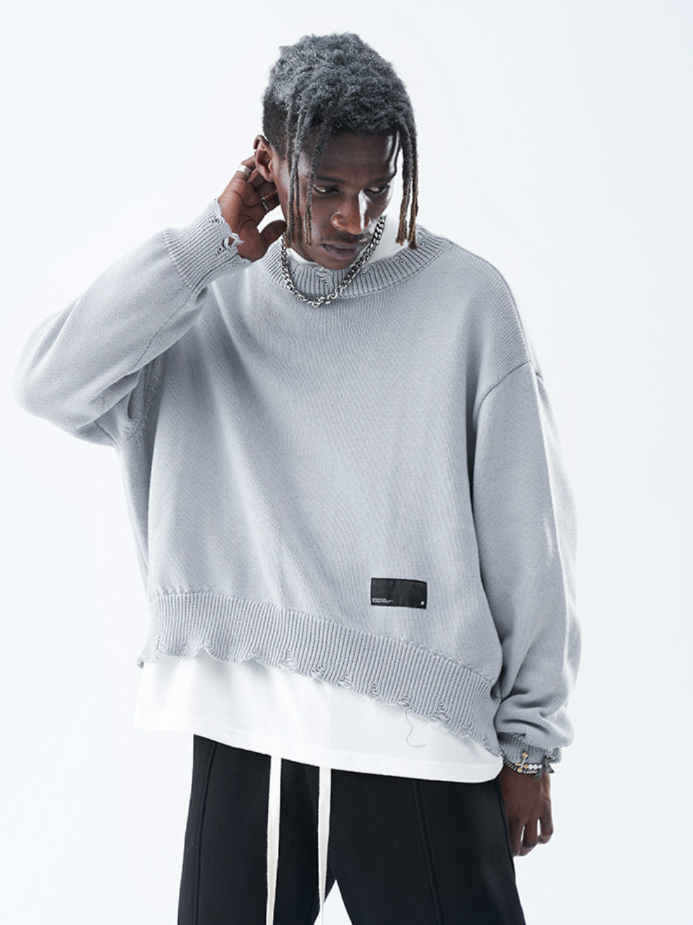 Harsh and Cruel Patch Label Distressed Knit Sweater