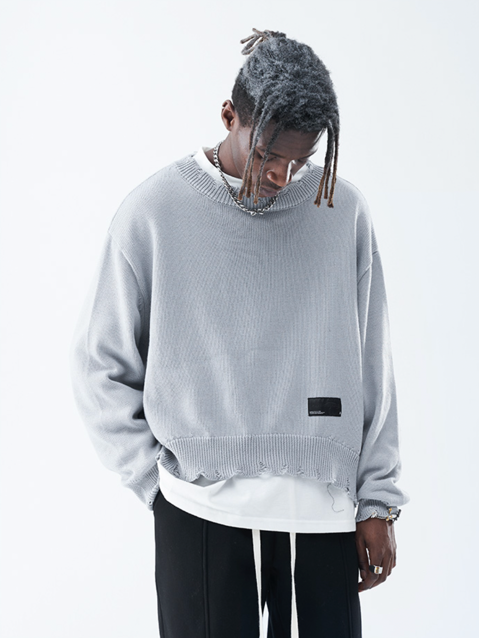 Harsh and Cruel Patch Label Distressed Knit Sweater
