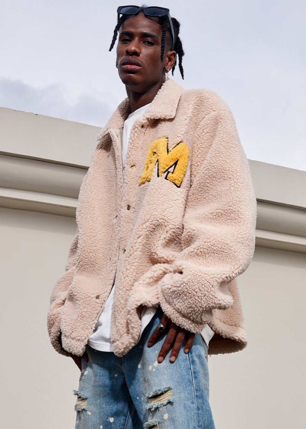 MEDM Logo Letters Embroidered Sherpa Fleece Boa Jacket
