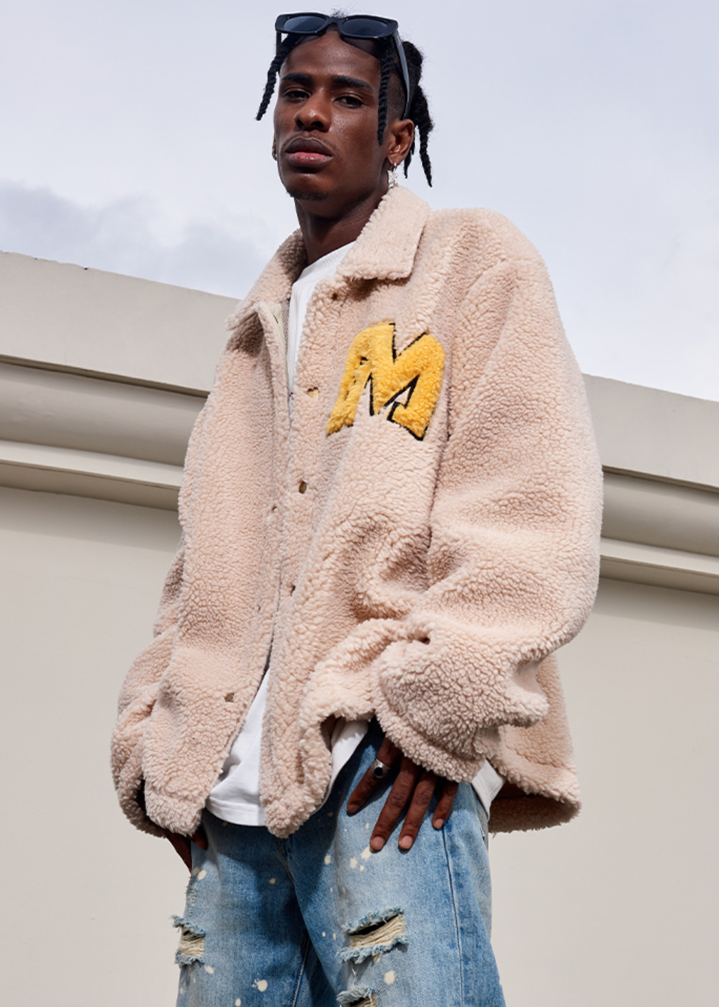 MEDM Logo Letters Embroidered Sherpa Fleece Boa Jacket