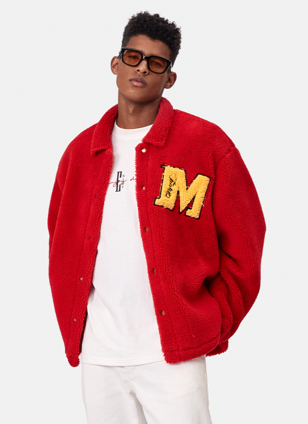 MEDM Logo Letters Embroidered Sherpa Fleece Boa Jacket