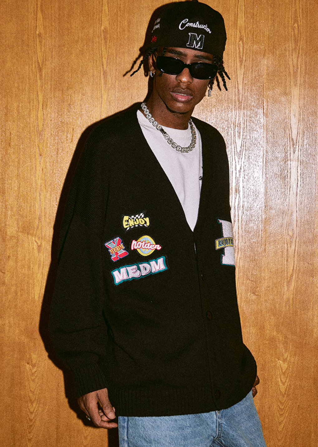 MEDM Embroidered Badge Knit Sweater Cardigan