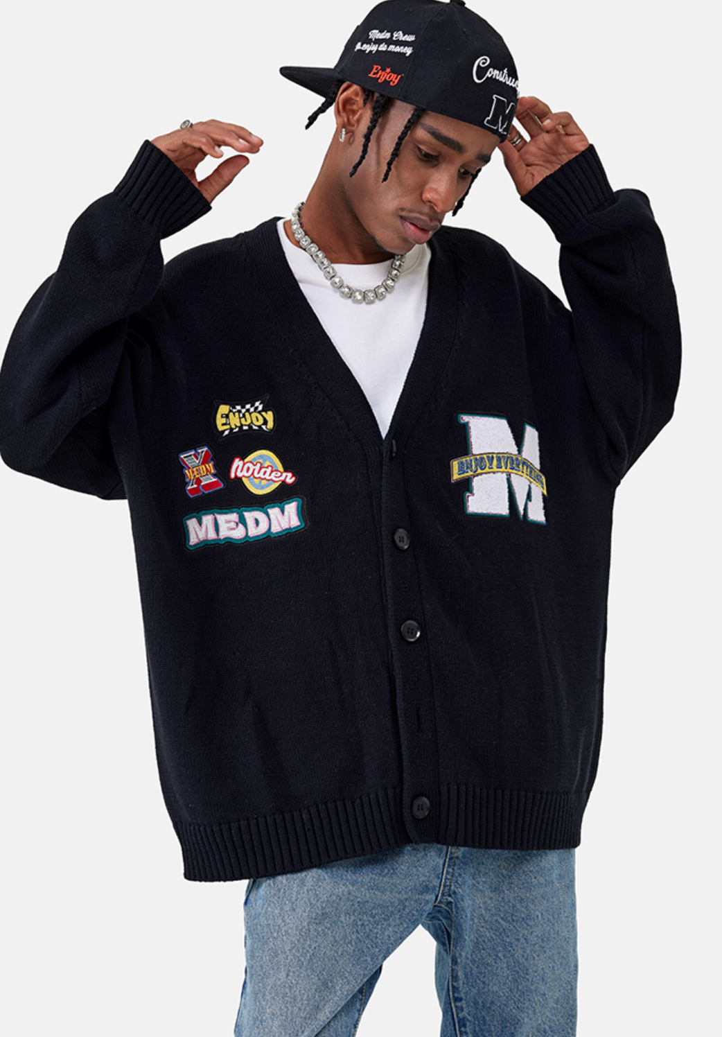 MEDM Embroidered Badge Knit Sweater Cardigan