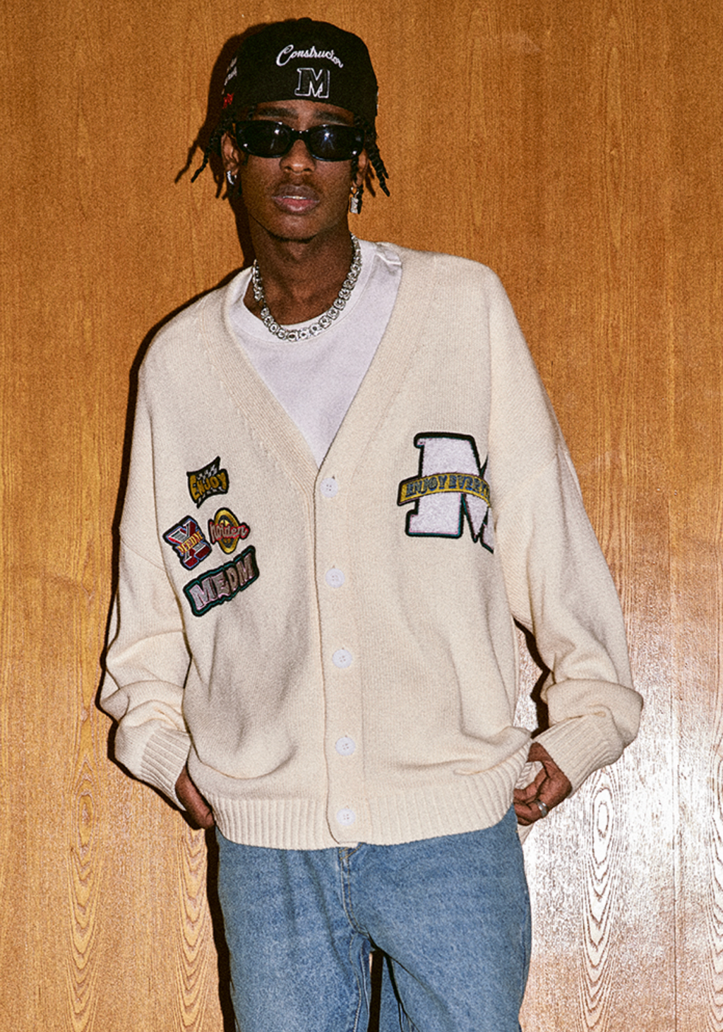 MEDM Embroidered Badge Knit Sweater Cardigan