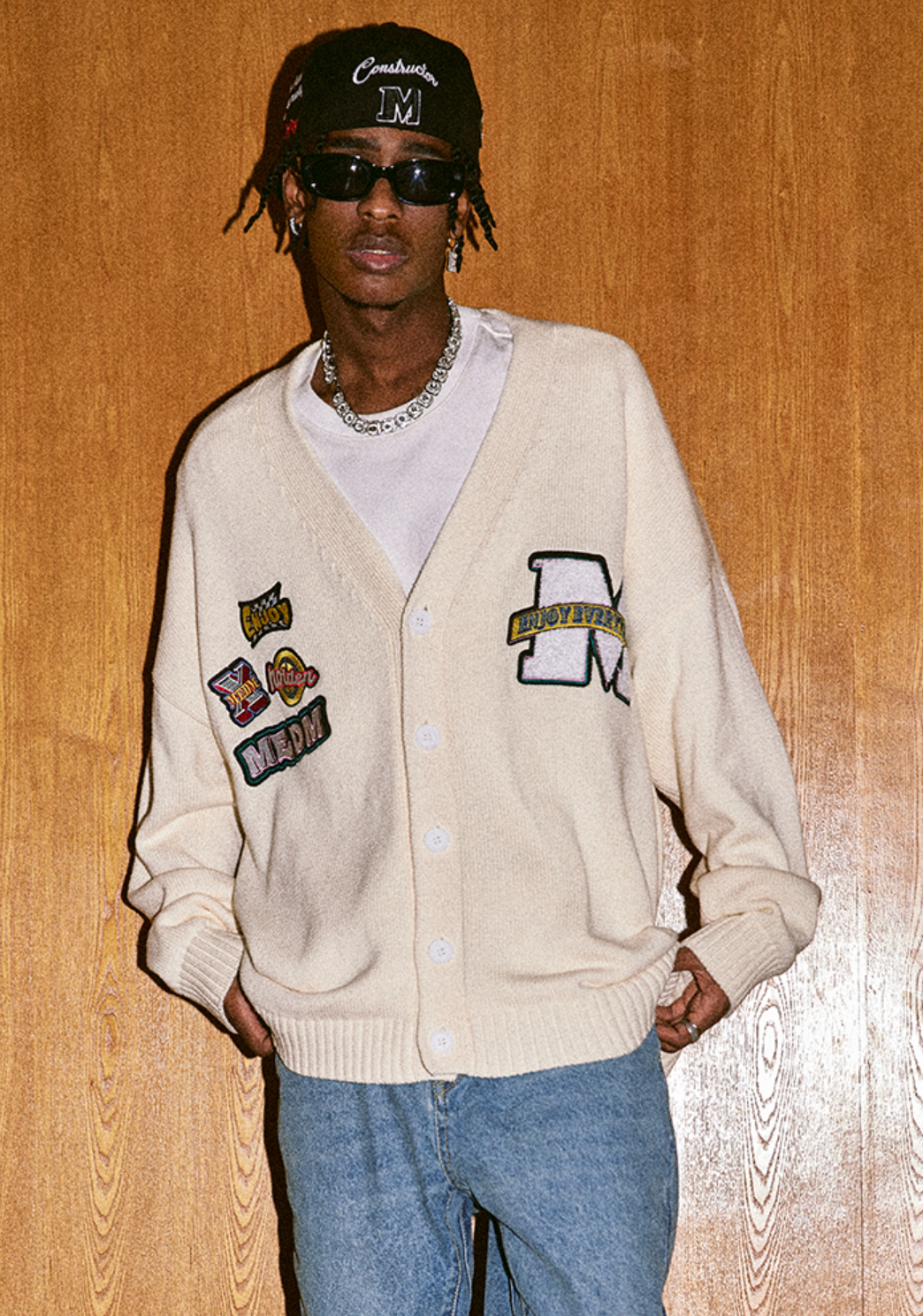 MEDM Embroidered Badge Knit Sweater Cardigan