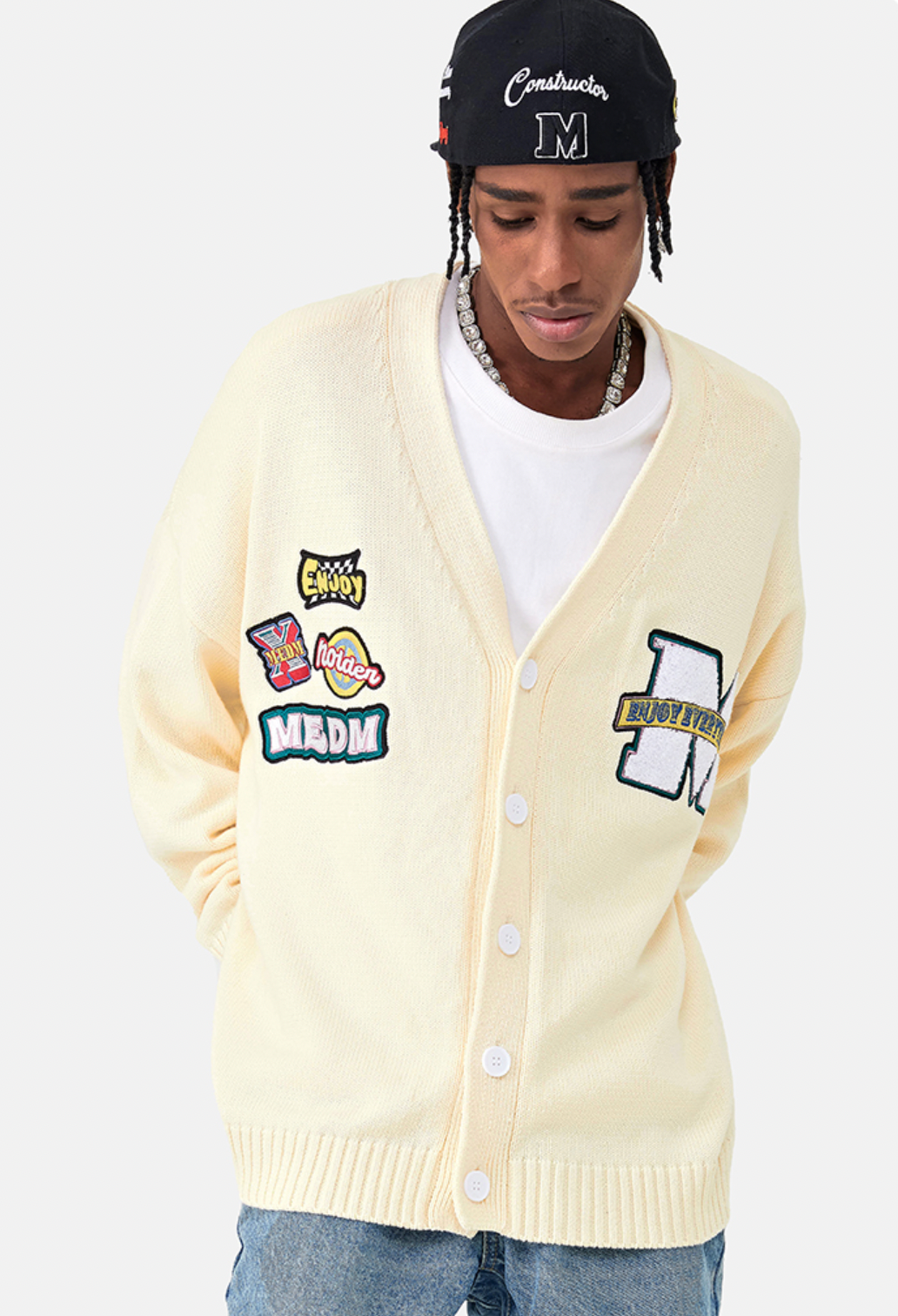 MEDM Embroidered Badge Knit Sweater Cardigan