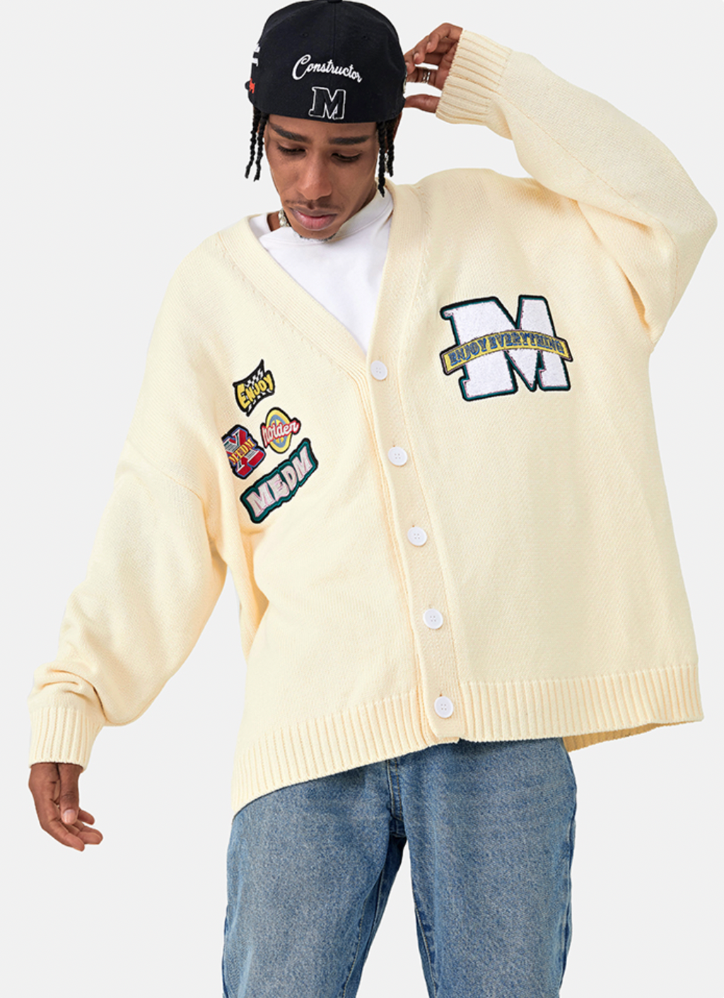 MEDM Embroidered Badge Knit Sweater Cardigan