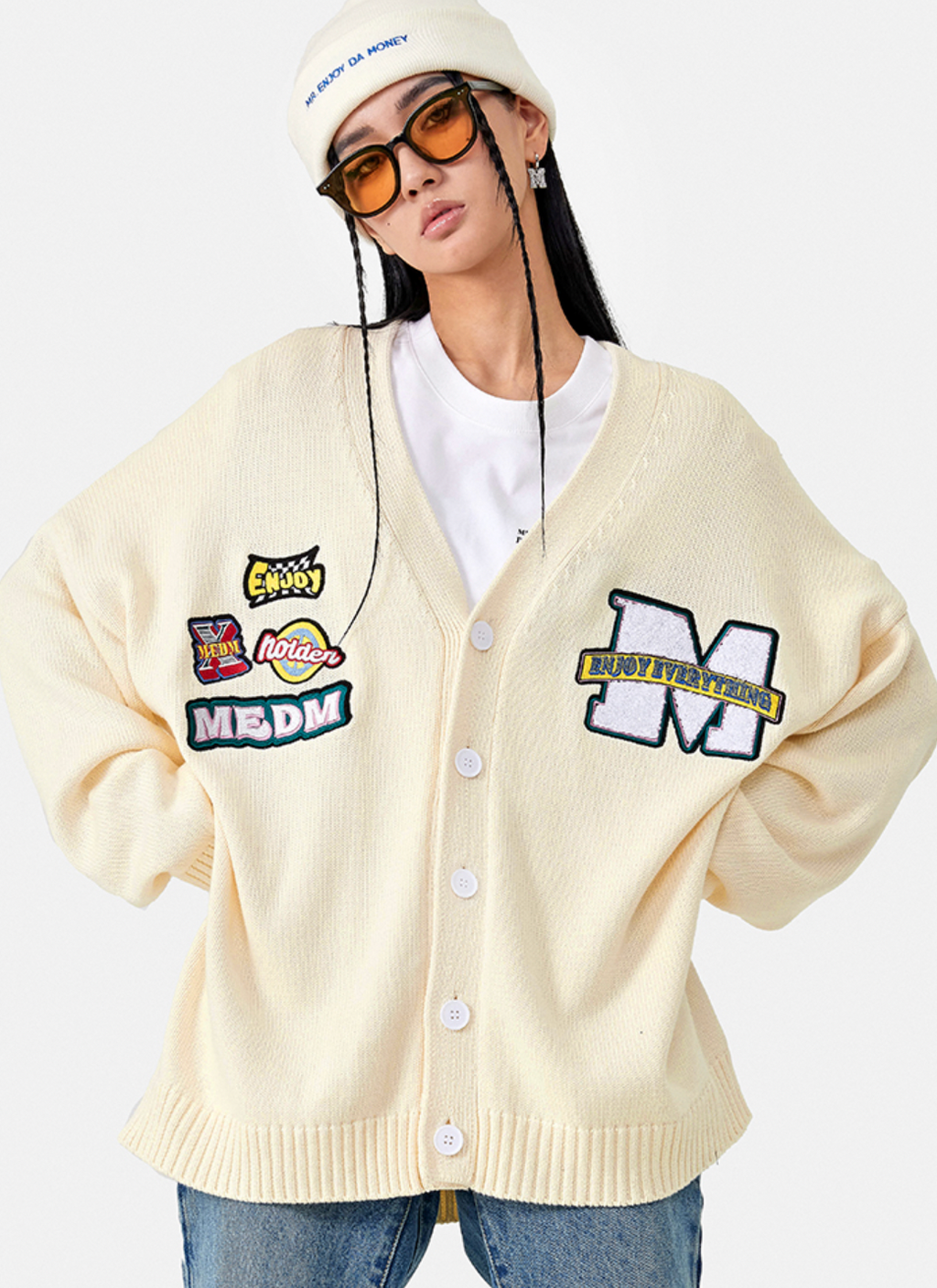 MEDM Embroidered Badge Knit Sweater Cardigan