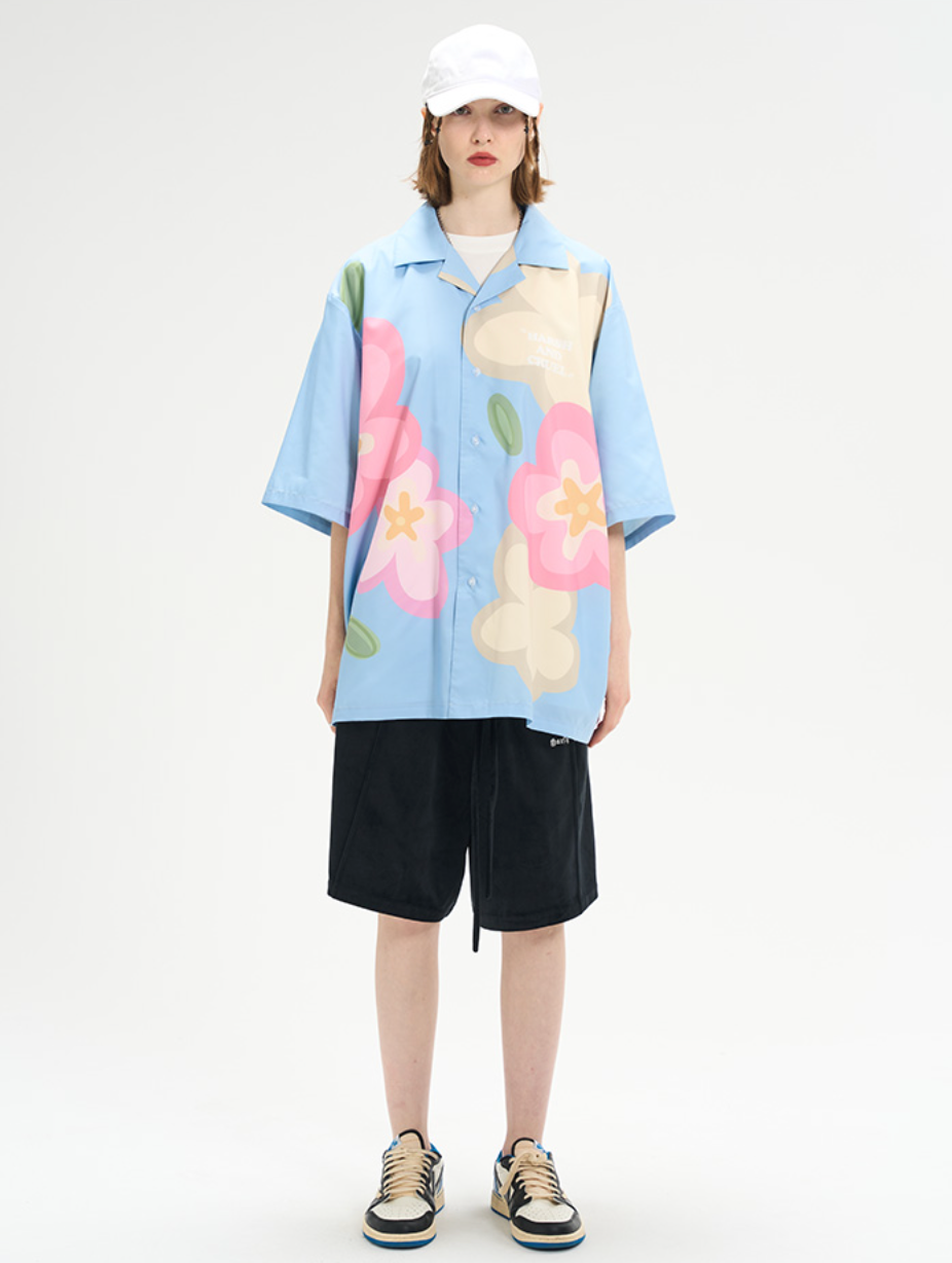 Harsh and Cruel Hand Painted Flowers Print Cuban Shirt