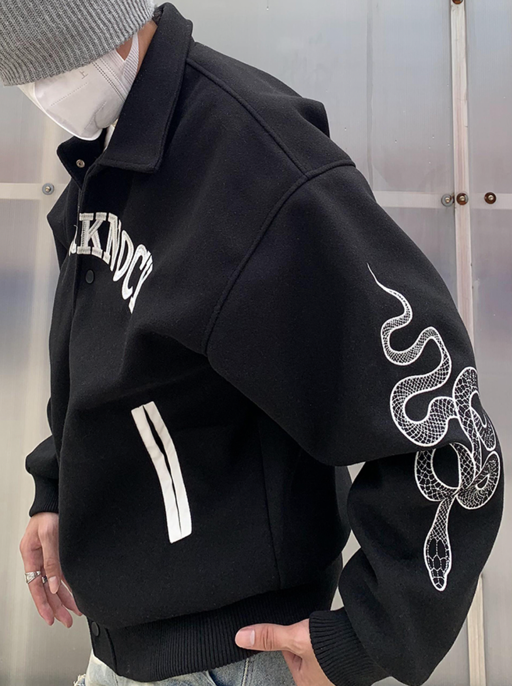Knock Knock Embroidered Varsity Jacket