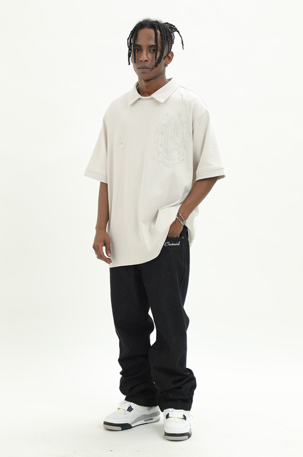 Cashrules Embroidered Loose Black Denim Pants