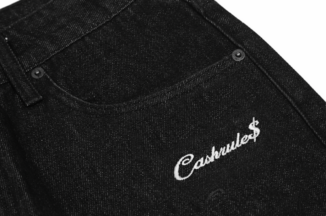 Cashrules Embroidered Loose Black Denim Pants