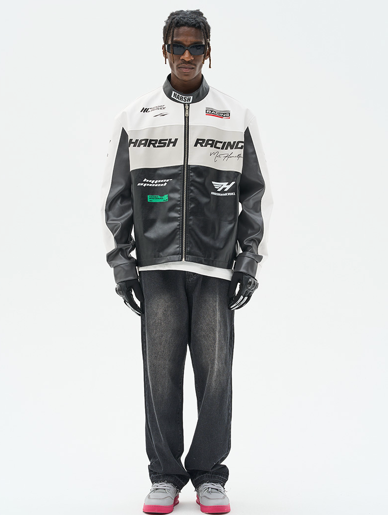 Harsh and Cruel Colorful Lapel F1 Racing Suit Faux Leather Jacket