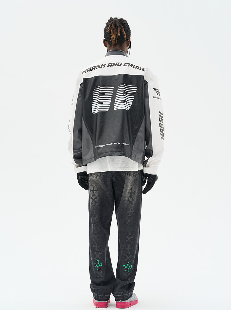 Harsh and Cruel Colorful Lapel F1 Racing Suit Faux Leather Jacket