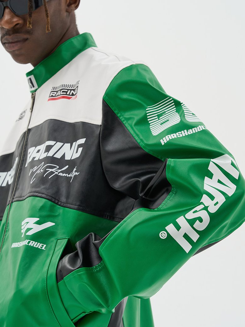 Harsh and Cruel Colorful Lapel F1 Racing Suit Faux Leather Jacket