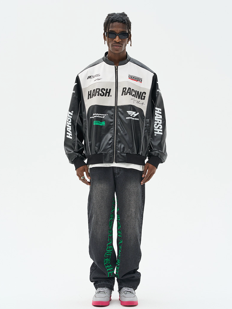 Harsh and Cruel Biker Stand Up Collar Racing Suit Faux Leather Jacket