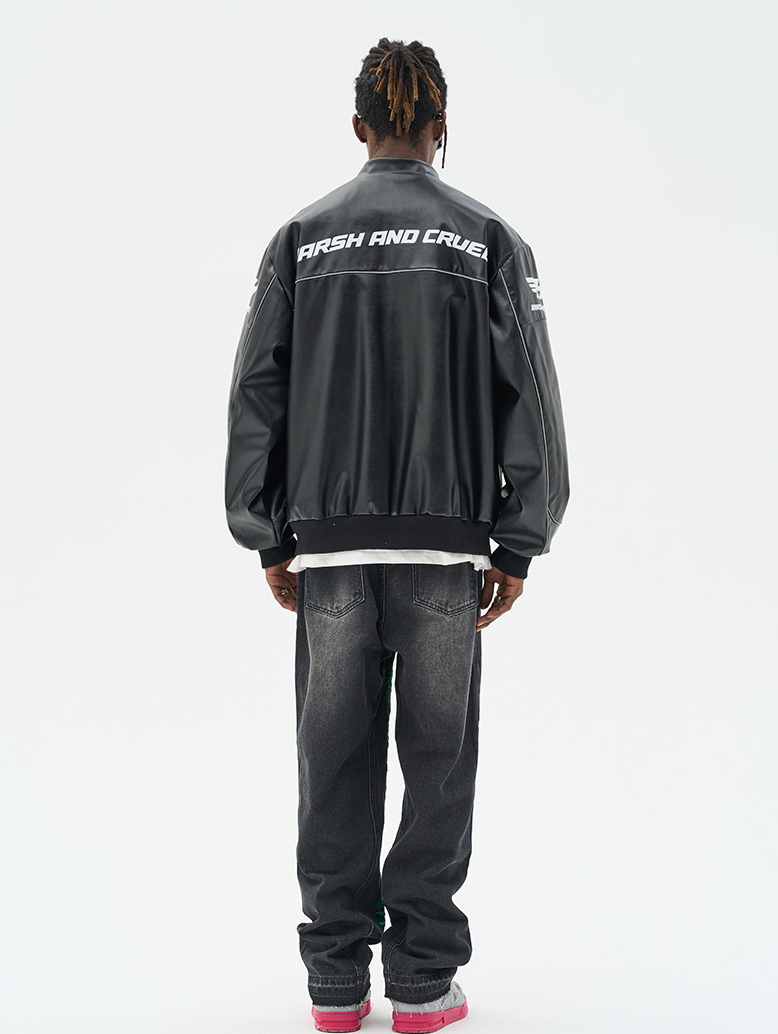 Harsh and Cruel Biker Stand Up Collar Racing Suit Faux Leather Jacket