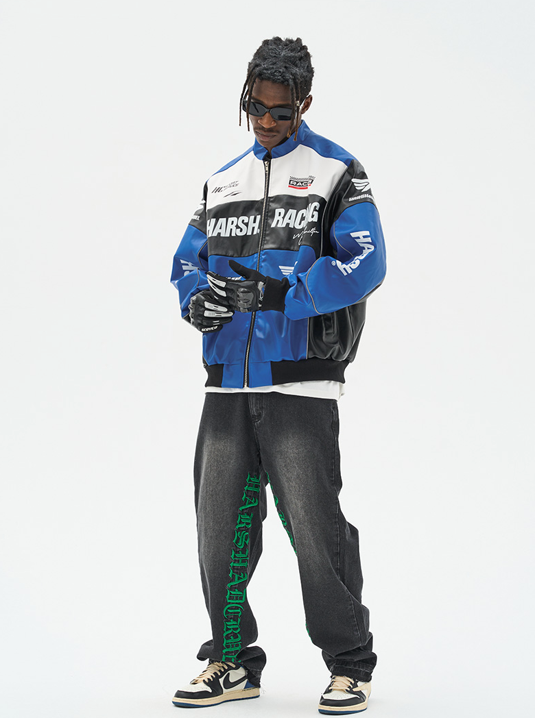 Harsh and Cruel Biker Stand Up Collar Racing Suit Faux Leather Jacket