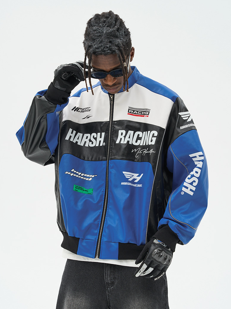 Harsh and Cruel Biker Stand Up Collar Racing Suit Faux Leather Jacket