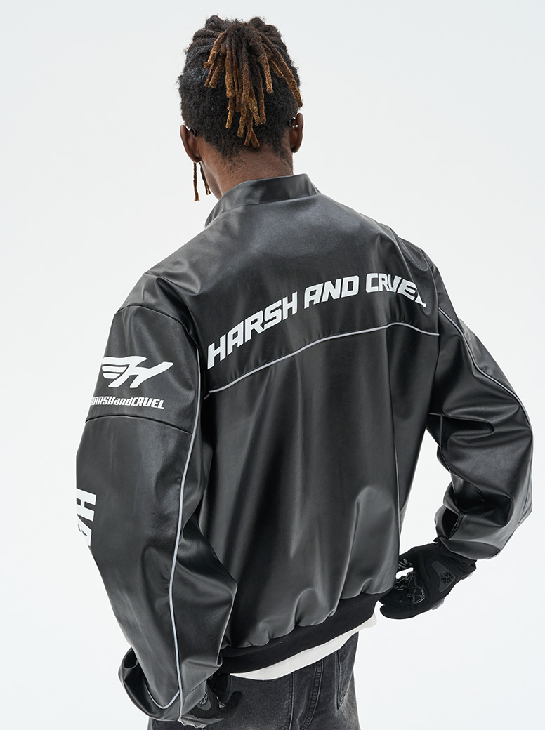 Harsh and Cruel Biker Stand Up Collar Racing Suit Faux Leather Jacket