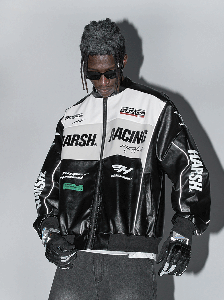 Harsh and Cruel Biker Stand Up Collar Racing Suit Faux Leather Jacket