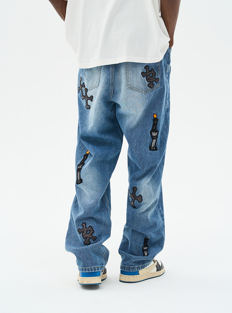 Harsh and Cruel Religious Candles Embroidered Denim