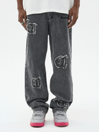 Harsh and Cruel Distressed Embroidered Gothic Logo Denim