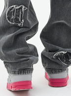 Harsh and Cruel Distressed Embroidered Gothic Logo Denim