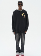 Harsh and Cruel Cartoon Face Distressed Knit Sweater