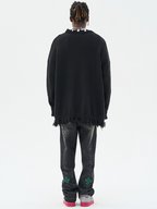 Harsh and Cruel Cartoon Face Distressed Knit Sweater