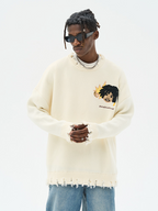 Harsh and Cruel Cartoon Face Distressed Knit Sweater