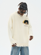 Harsh and Cruel Cartoon Face Distressed Knit Sweater