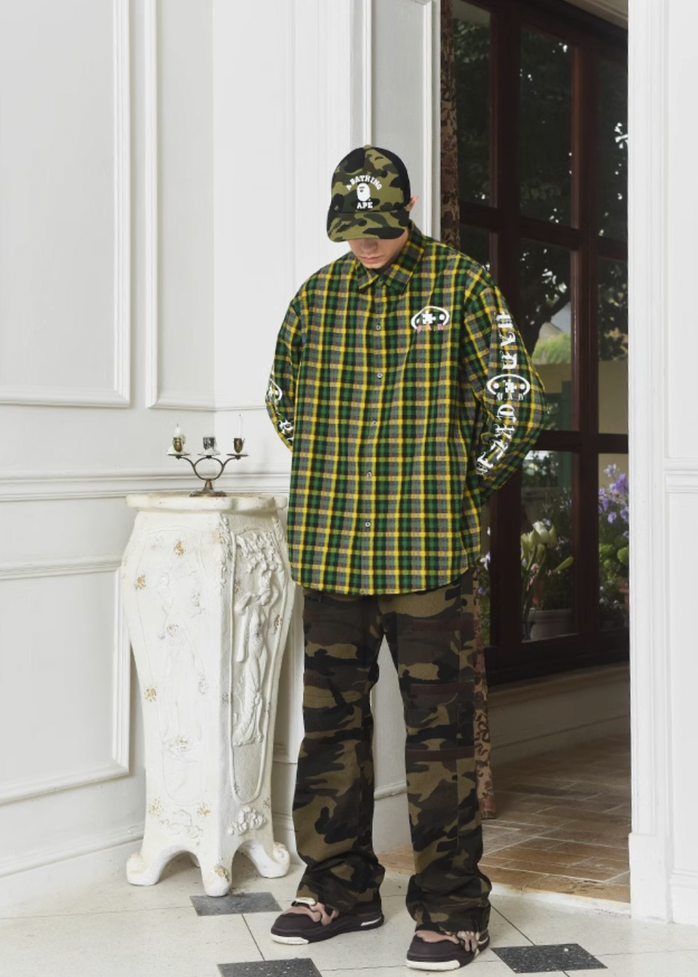 YADcrew Gothic Oval Puzzle Bubble Plaid Shirt