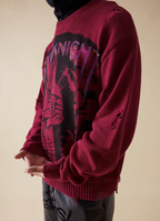 EVILKNIGHT(EK) Knight Guard Ink Print Slashed Hole Knit Sweater