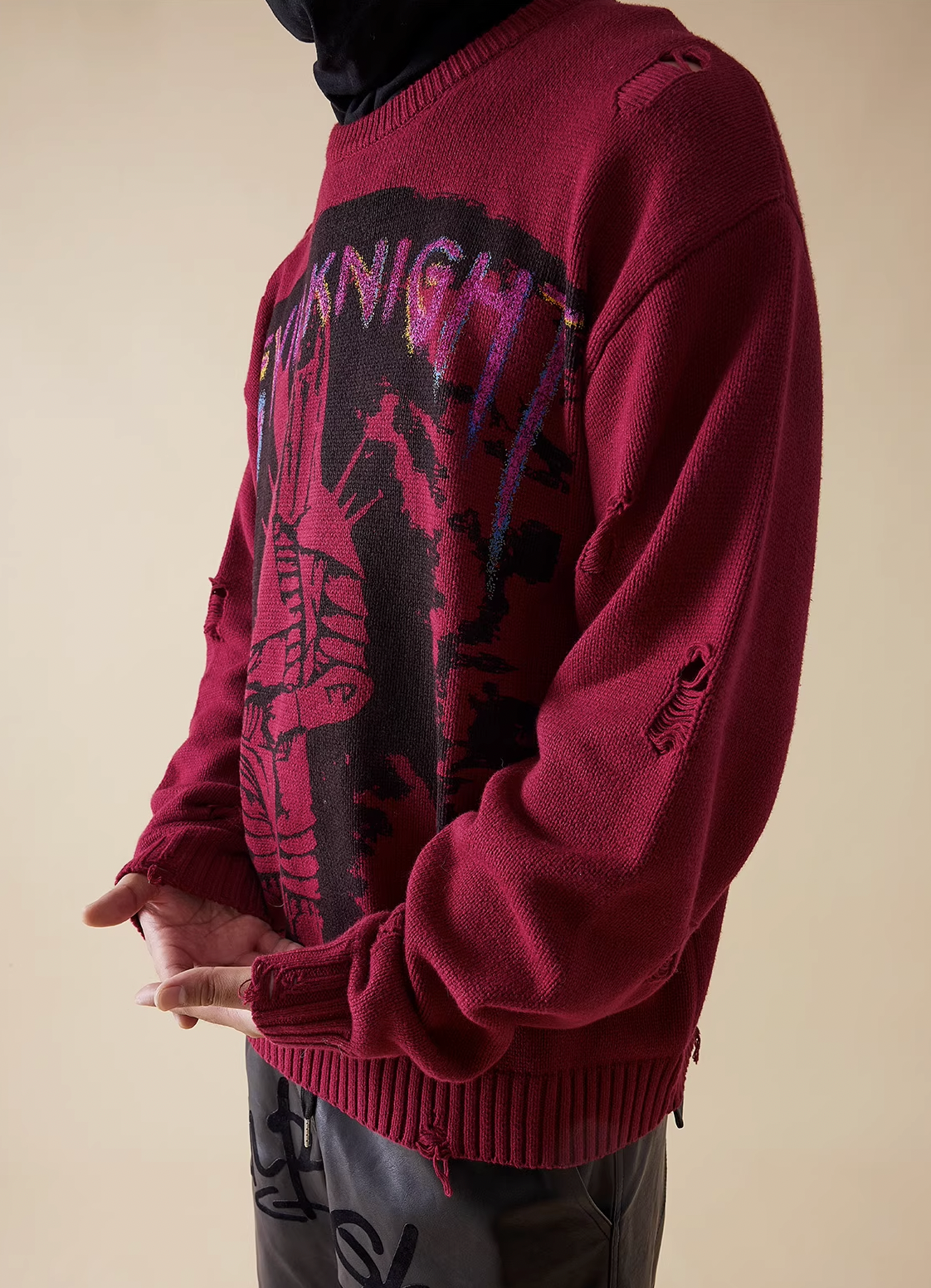 EVILKNIGHT(EK) Knight Guard Ink Print Slashed Hole Knit Sweater