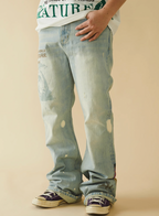 EVILKNIGHT(EK) Digital Print Butterfly Embroidery Denim Flare Pants