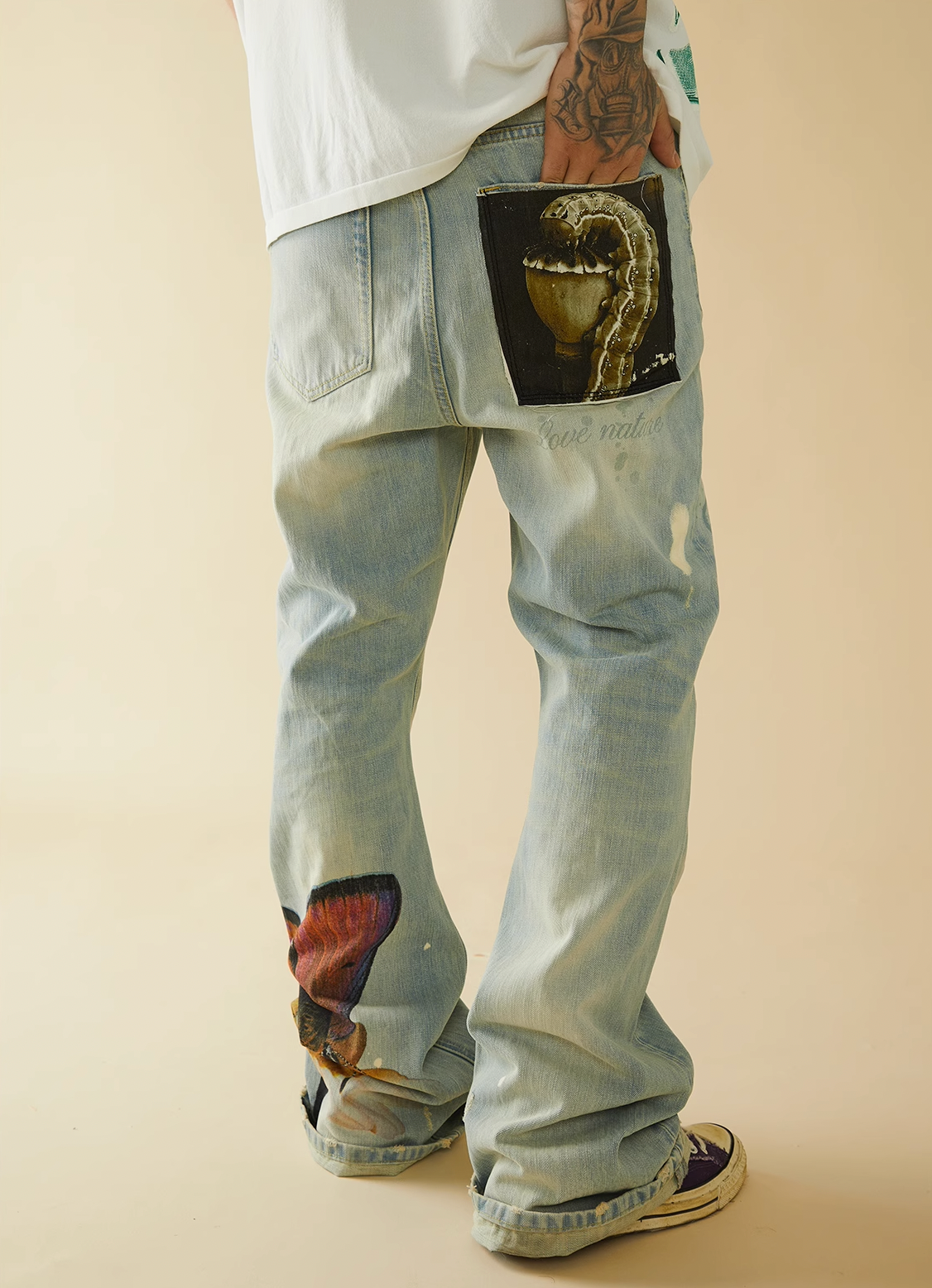 EVILKNIGHT(EK) Digital Print Butterfly Embroidery Denim Flare Pants